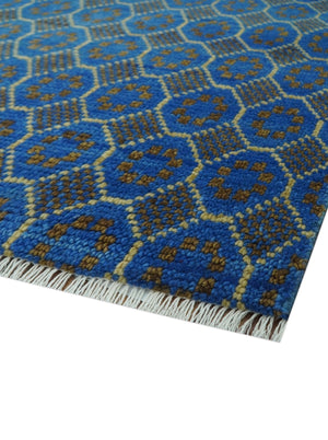 Blue and Charcoal geometrical honey comb design Hand knotted 8x9.6 wool Area Rug