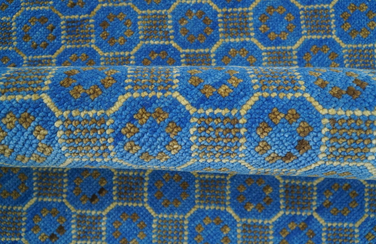 Blue and Charcoal geometrical honey comb design Hand knotted 8x9.6 wool Area Rug