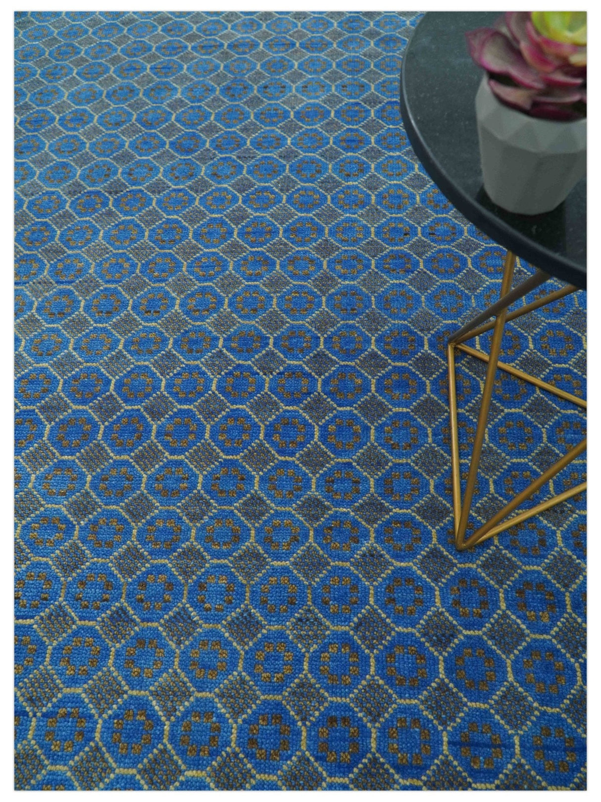 Blue and Charcoal geometrical honey comb design Hand knotted 8x9.6 wool Area Rug