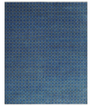 Blue and Charcoal geometrical honey comb design Hand knotted 8x9.6 wool Area Rug