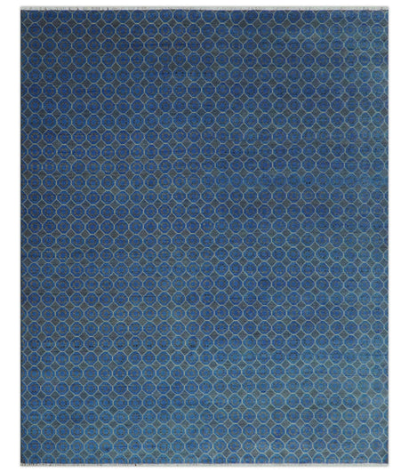Blue and Charcoal geometrical honey comb design Hand knotted 8x9.6 wool Area Rug