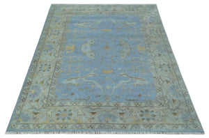 Blue and Gray Hand knotted Oriental Oushak 9x12 wool Area Rug