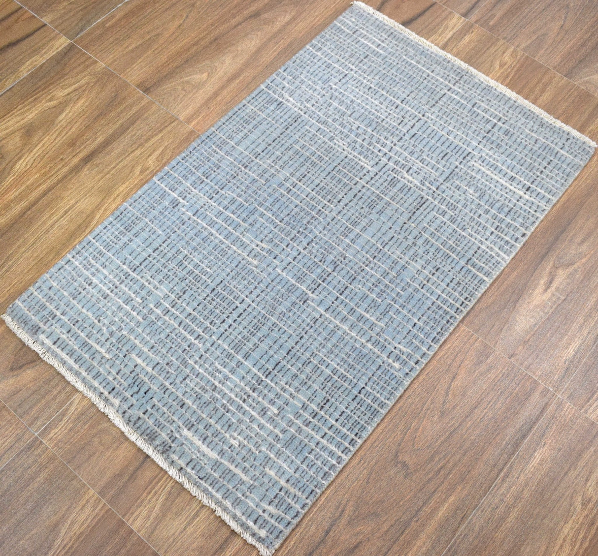 Blue and Ivory Traditional Stripes Pattern Handmade Wool & Viscose 2x3 Area Rug | TRD140423
