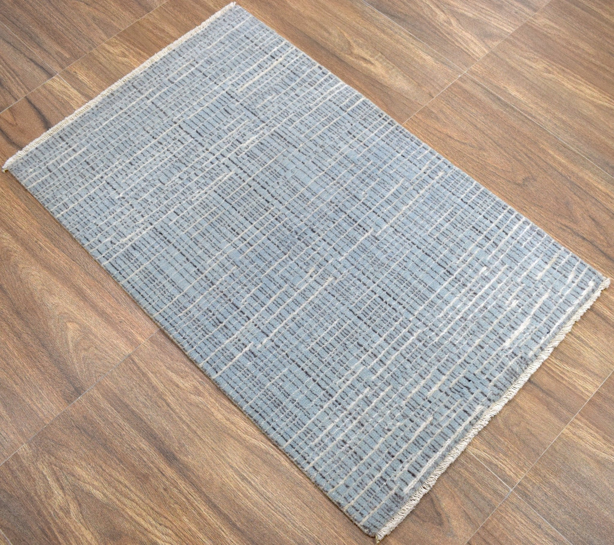 Blue and Ivory Traditional Stripes Pattern Handmade Wool & Viscose 2x3 Area Rug | TRD140423