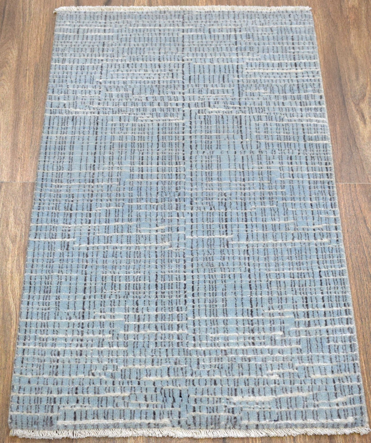 Blue and Ivory Traditional Stripes Pattern Handmade Wool & Viscose 2x3 Area Rug | TRD140423