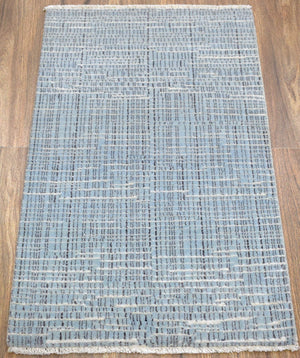 Blue and Ivory Traditional Stripes Pattern Handmade Wool & Viscose 2x3 Area Rug | TRD140423