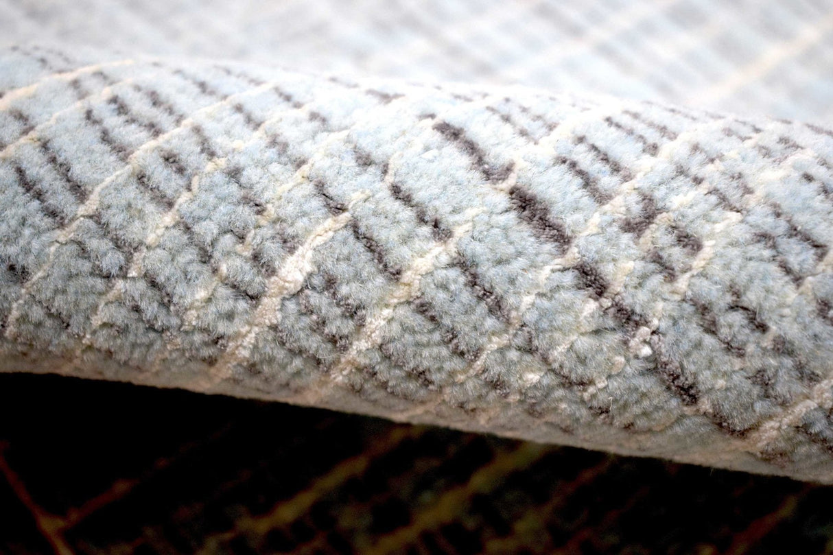 Blue and Ivory Traditional Stripes Pattern Handmade Wool & Viscose 2x3 Area Rug | TRD140423