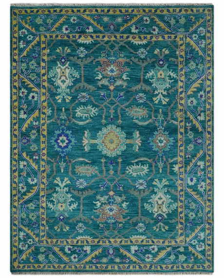Blue and Mustard Hand knotted Traditional Oriental Oushak 9x12 wool Area Rug