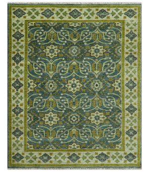 Blue and Olive Traditional motifs design Custom Made wool area rug