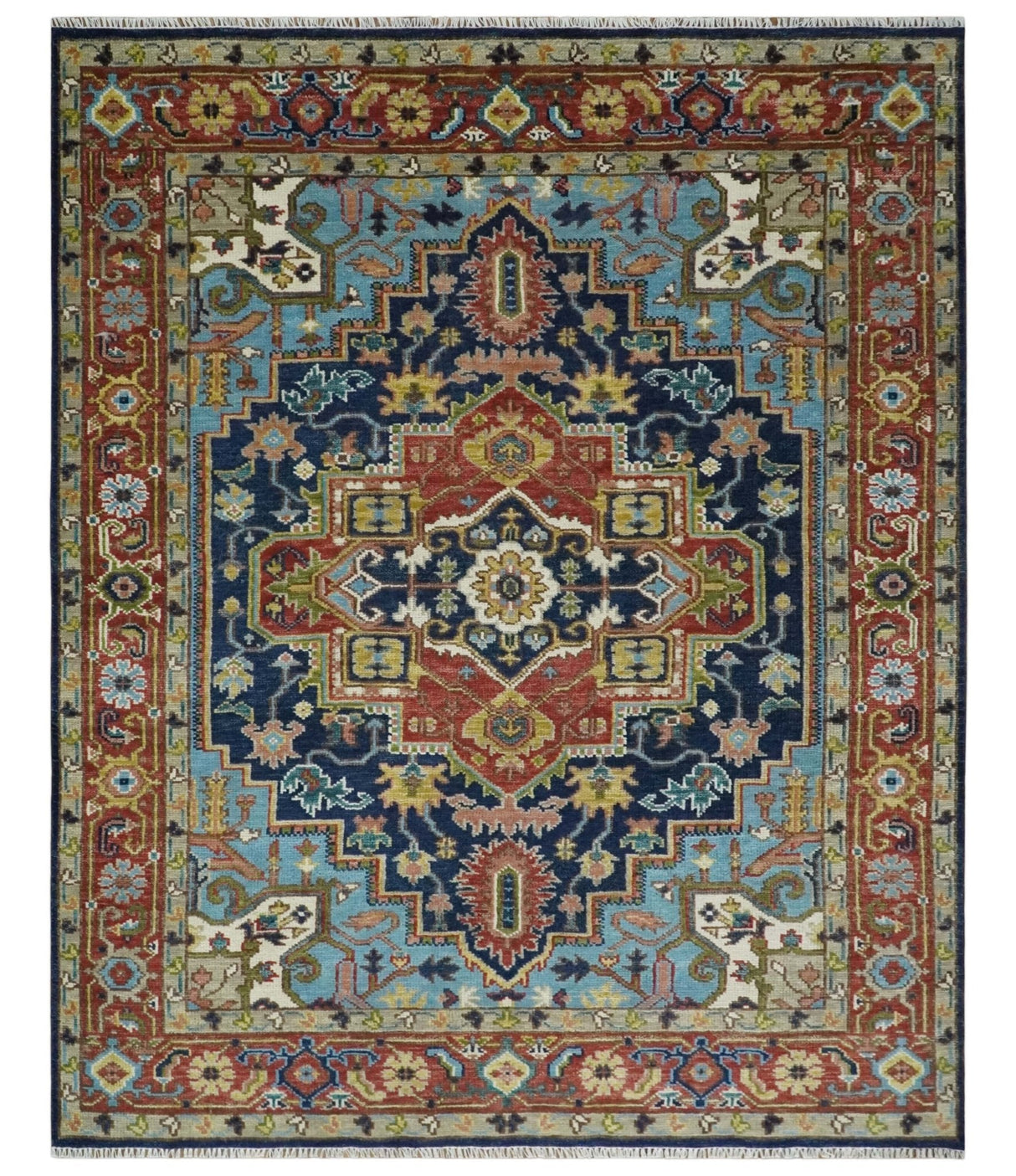 Blue and Rust Hand Knotted 8x10, 9x12, 10x14 and 12x15 Wool Antique Area Rug