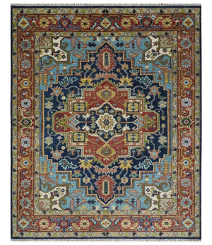 Blue and Rust Hand Knotted 8x10, 9x12, 10x14 and 12x15 Wool Antique Area Rug