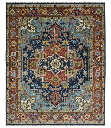 Blue and Rust Hand Knotted 8x10, 9x12, 10x14 and 12x15 Wool Antique Area Rug