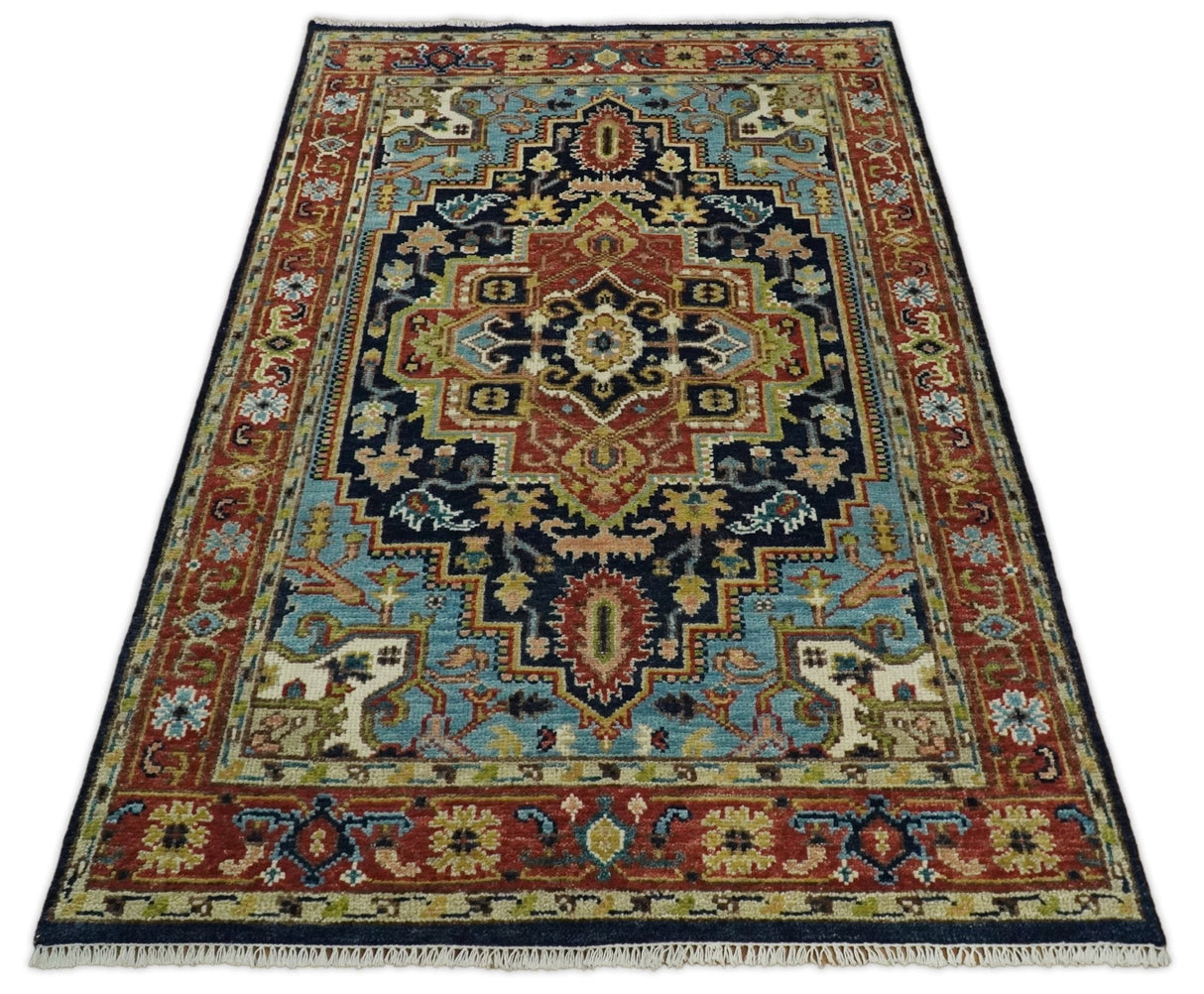 Blue and Rust Hand Knotted 8x10, 9x12, 10x14 and 12x15 Wool Antique Area Rug