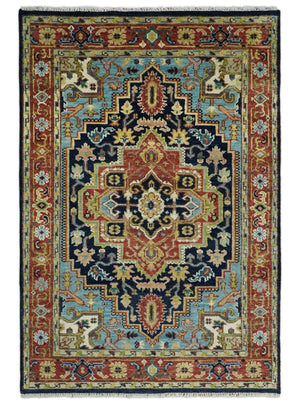 Blue and Rust Hand Knotted 8x10, 9x12, 10x14 and 12x15 Wool Antique Area Rug