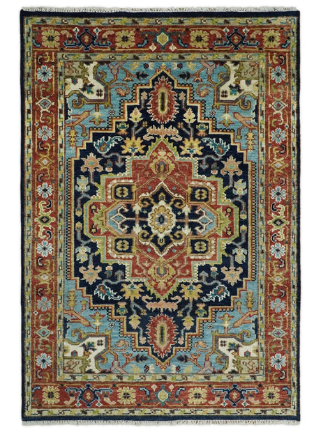 Blue and Rust Hand Knotted 8x10, 9x12, 10x14 and 12x15 Wool Antique Area Rug