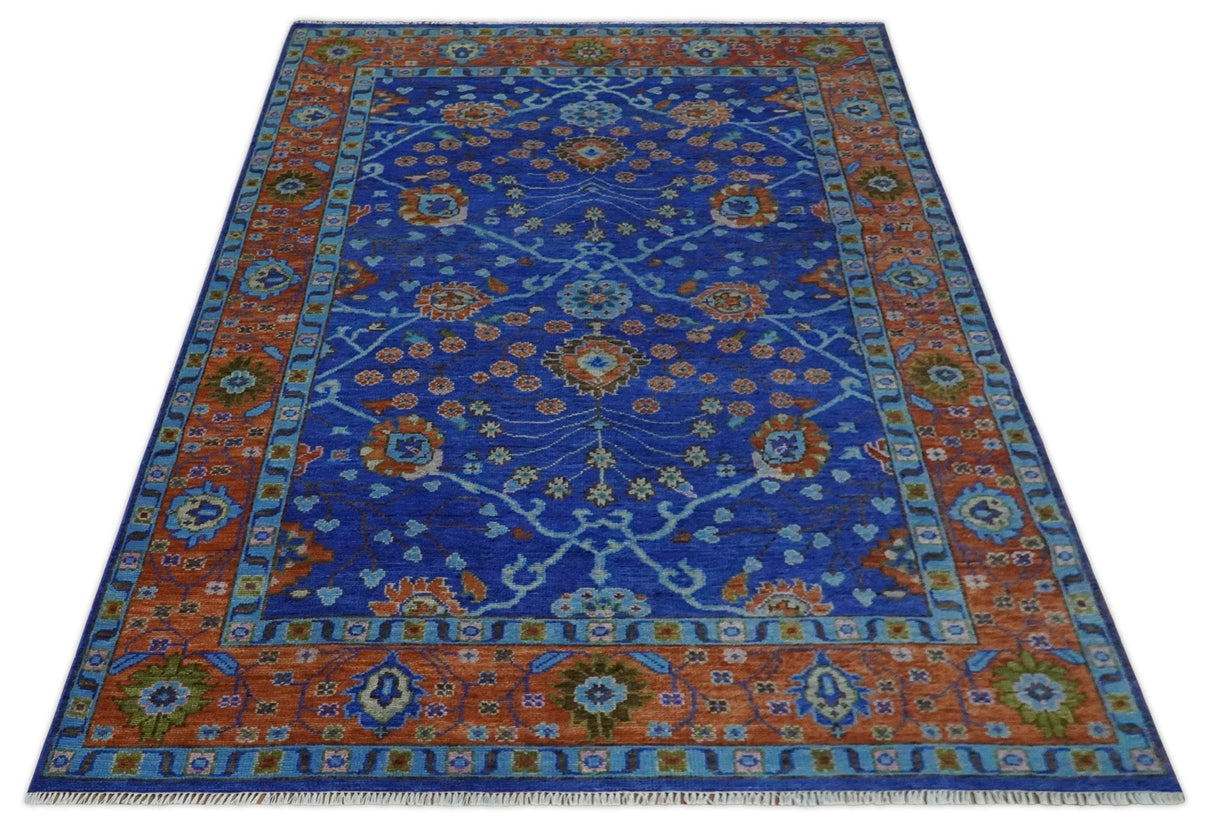 Blue and Rust Hand Knotted Traditional Floral Oushak Multi Size Wool Area Rug