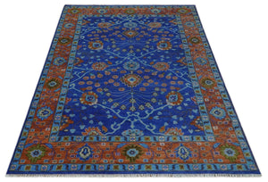 Blue and Rust Hand Knotted Traditional Floral Oushak Multi Size Wool Area Rug