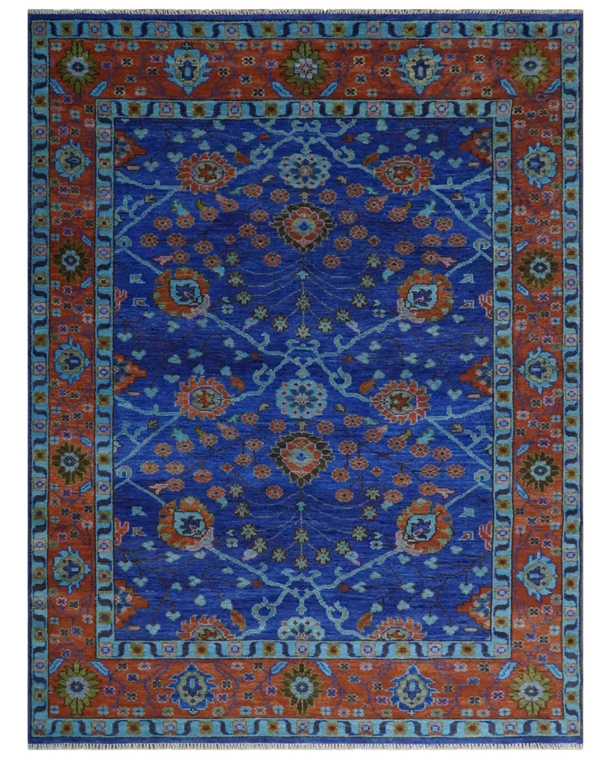 Blue and Rust Hand Knotted Traditional Floral Oushak Multi Size Wool Area Rug