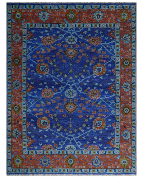 Blue and Rust Hand Knotted Traditional Floral Oushak Multi Size Wool Area Rug