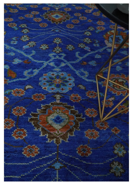 Blue and Rust Hand Knotted Traditional Floral Oushak Multi Size Wool Area Rug