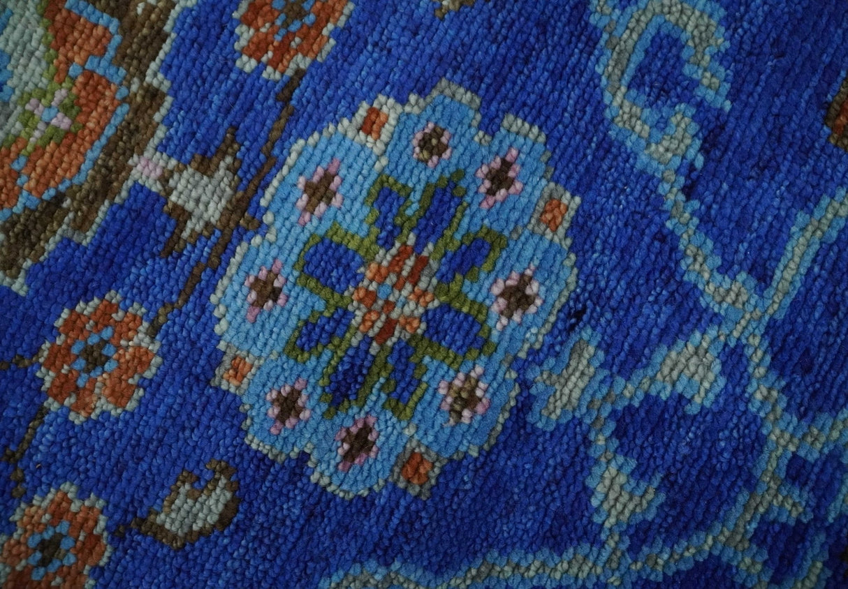 Blue and Rust Hand Knotted Traditional Floral Oushak Multi Size Wool Area Rug