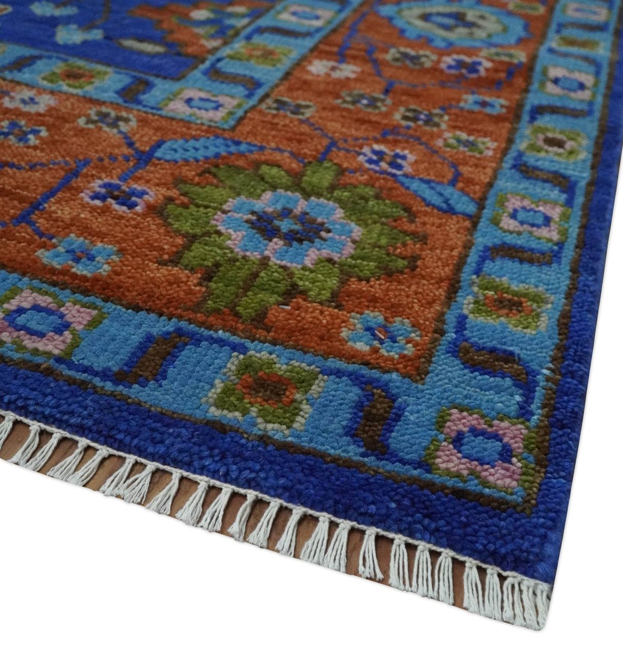 Blue and Rust Hand Knotted Traditional Floral Oushak Multi Size Wool Area Rug