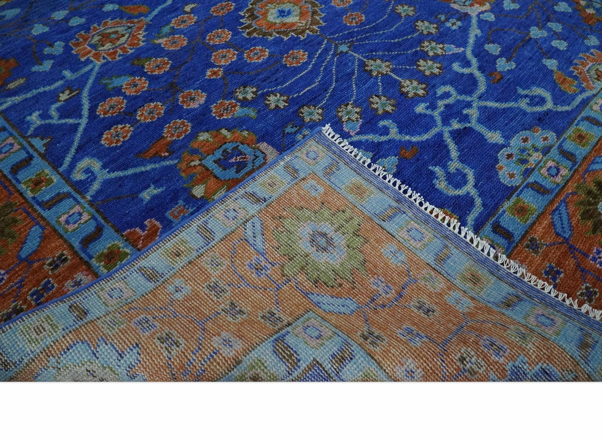 Blue and Rust Hand Knotted Traditional Floral Oushak Multi Size Wool Area Rug