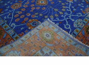 Blue and Rust Hand Knotted Traditional Floral Oushak Multi Size Wool Area Rug