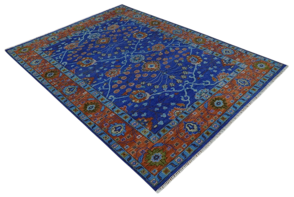 Blue and Rust Hand Knotted Traditional Floral Oushak Multi Size Wool Area Rug