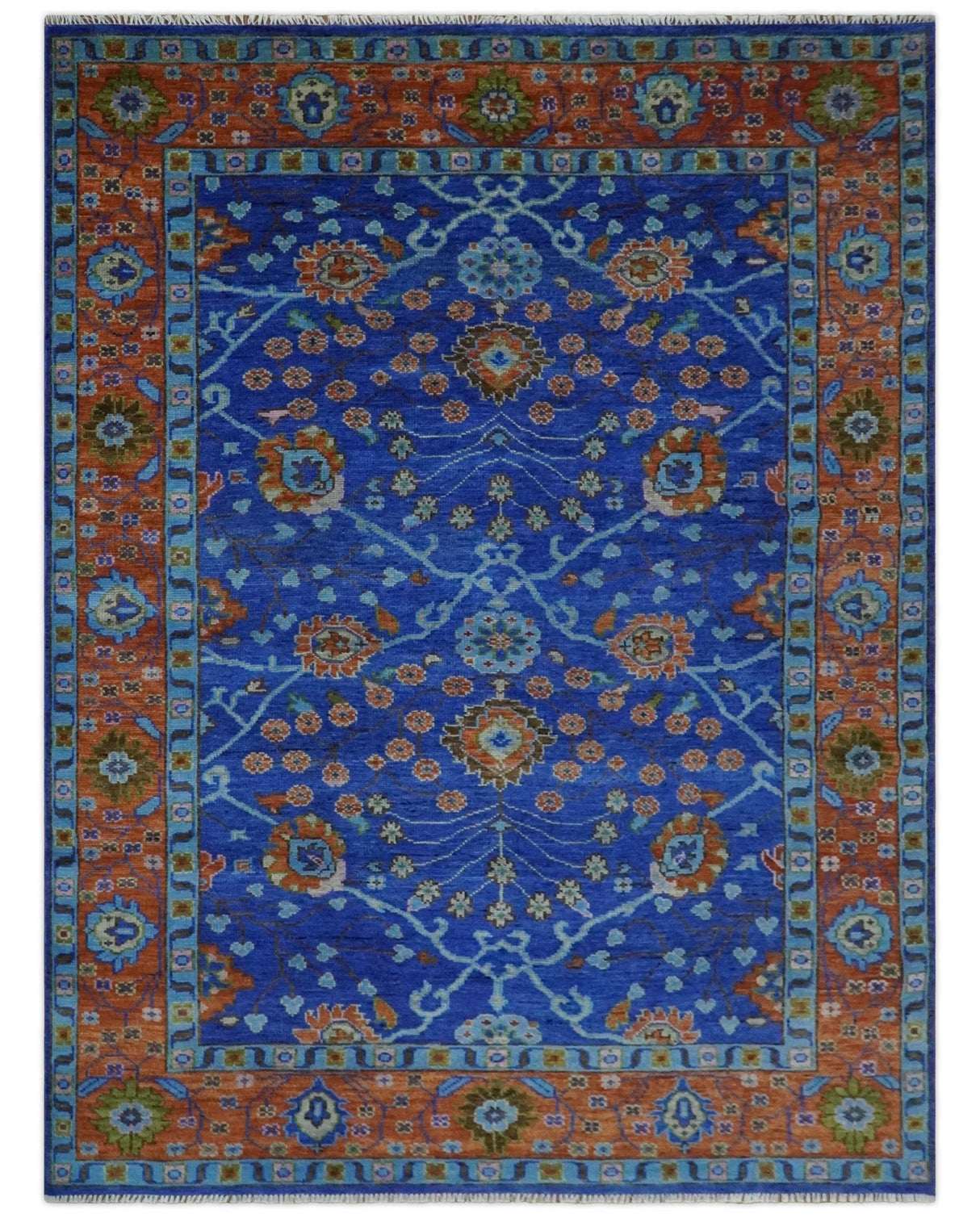 Blue and Rust Hand Knotted Traditional Floral Oushak Multi Size Wool Area Rug