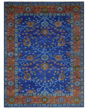 Blue and Rust Hand Knotted Traditional Floral Oushak Multi Size Wool Area Rug