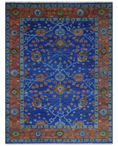Blue and Rust Hand Knotted Traditional Floral Oushak Multi Size Wool Area Rug