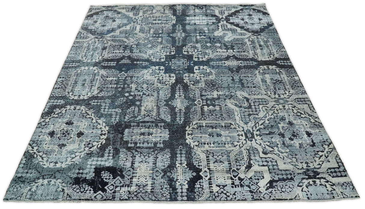 Blue and Silver 8x10 Rug Traditional Handmade Wool and Bamboo Silk Area Rug | TRD1786810