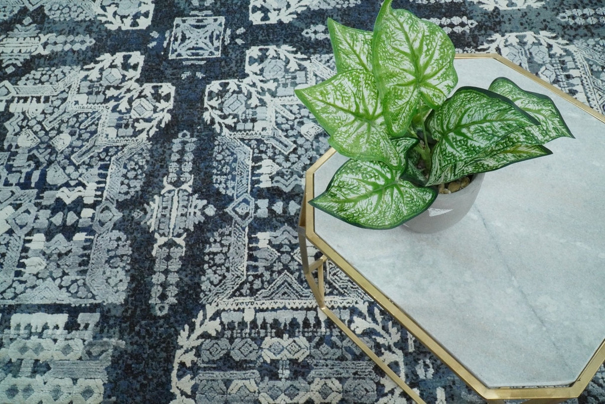 Blue and Silver 8x10 Rug Traditional Handmade Wool and Bamboo Silk Area Rug | TRD1786810