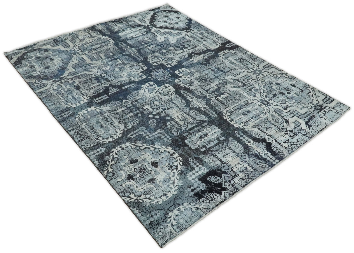 Blue and Silver 8x10 Rug Traditional Handmade Wool and Bamboo Silk Area Rug | TRD1786810