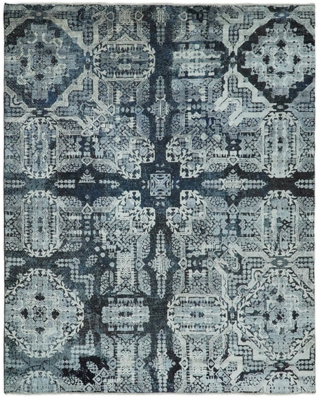 Blue and Silver 8x10 Rug Traditional Handmade Wool and Bamboo Silk Area Rug | TRD1786810