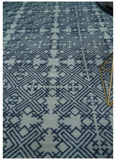 Blue and silver Hand carved Design Traditional Medallion Hand knotted 10x14 wool Area Rug