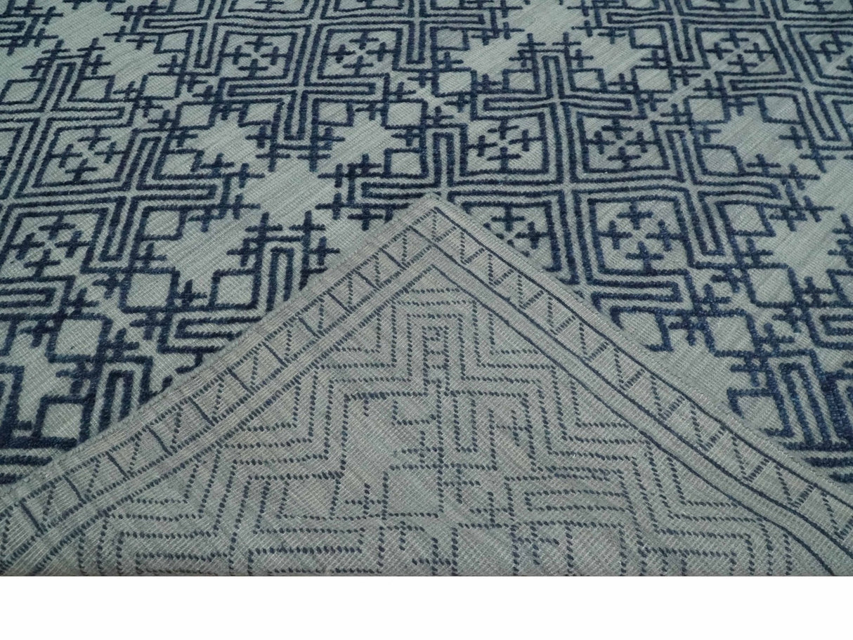 Blue and silver Hand carved Design Traditional Medallion Hand knotted 10x14 wool Area Rug