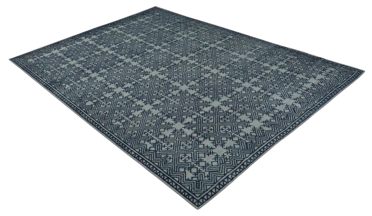 Blue and silver Hand carved Design Traditional Medallion Hand knotted 10x14 wool Area Rug