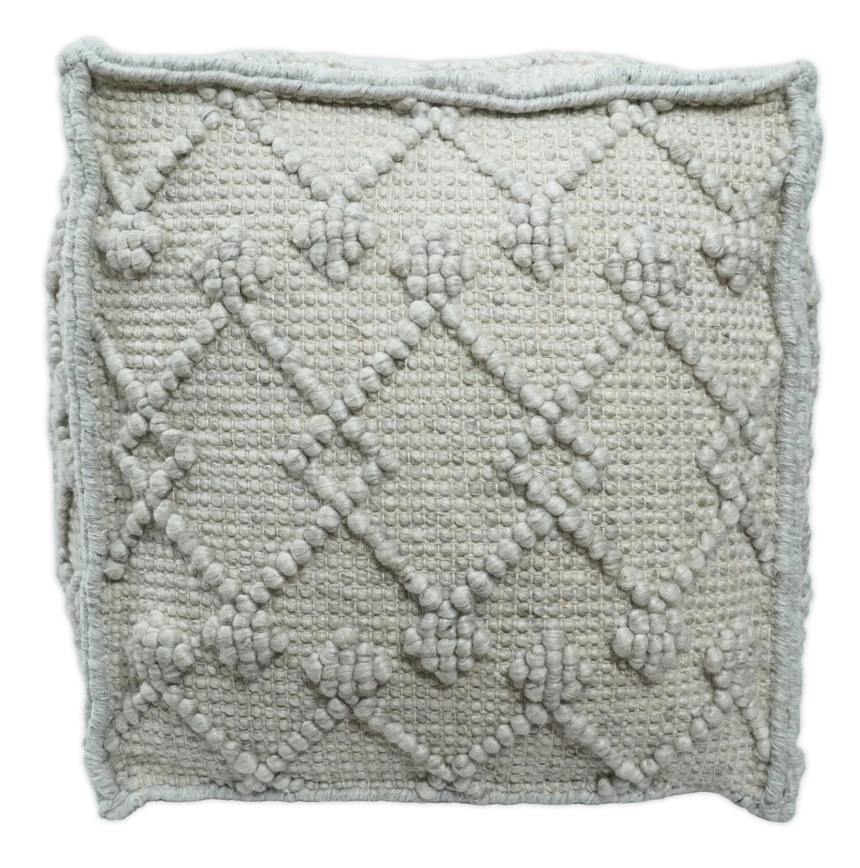 Boho Handwoven Ivory Pouf Ottoman Made with Wool Blend, Tribal Design, Footstool, Couch, Side table | TRD111