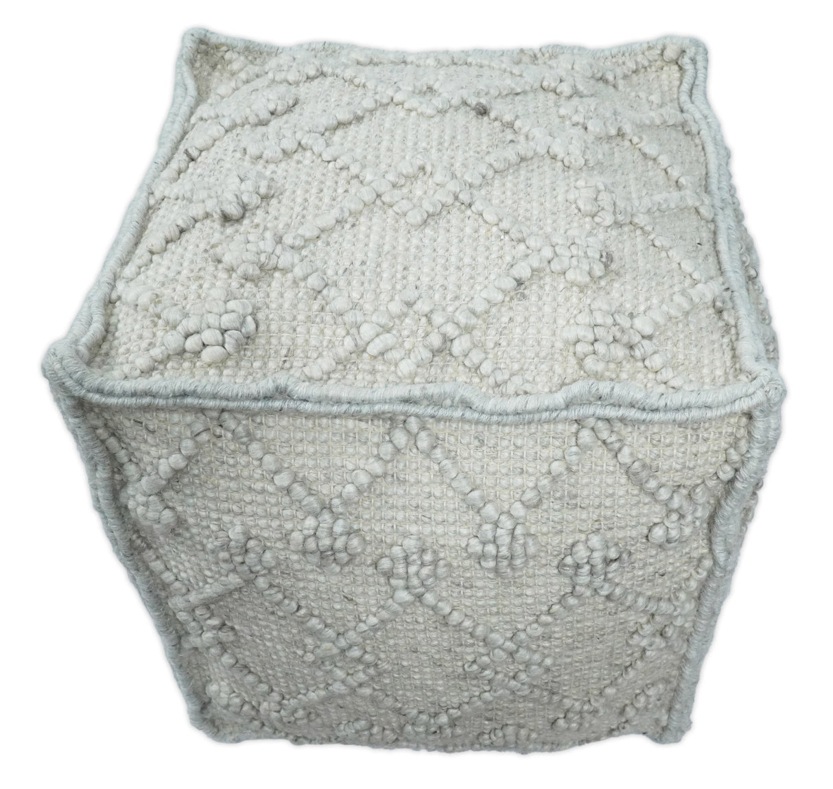 Boho Handwoven Ivory Pouf Ottoman Made with Wool Blend, Tribal Design, Footstool, Couch, Side table | TRD111