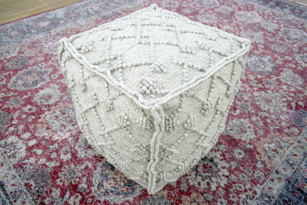 Boho Handwoven Ivory Pouf Ottoman Made with Wool Blend, Tribal Design, Footstool, Couch, Side table | TRD111