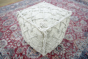 Boho Handwoven Ivory Pouf Ottoman Made with Wool Blend, Tribal Design, Footstool, Couch, Side table | TRD111