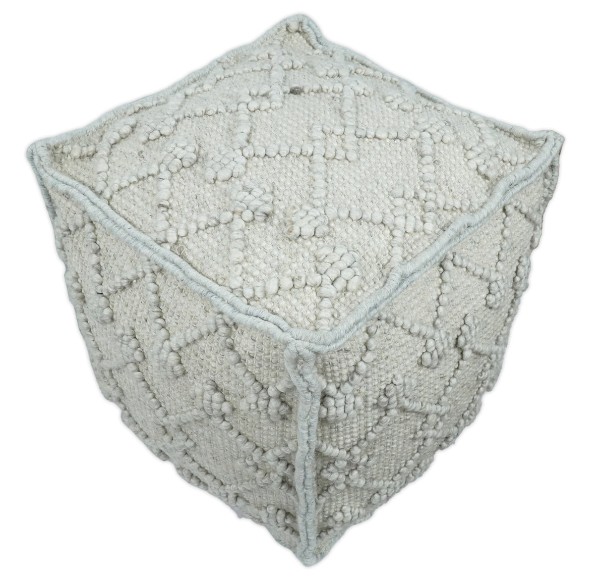 Boho Handwoven Ivory Pouf Ottoman Made with Wool Blend, Tribal Design, Footstool, Couch, Side table | TRD111