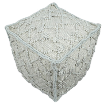 Boho Handwoven Ivory Pouf Ottoman Made with Wool Blend, Tribal Design, Footstool, Couch, Side table | TRD111