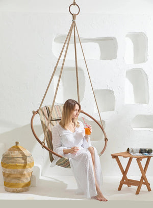 Boves Rast Blue Round Hanging Chair Teak Frame