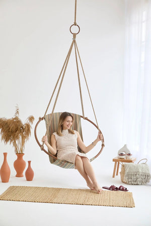 Boves Rast Blue Round Hanging Chair Teak Frame