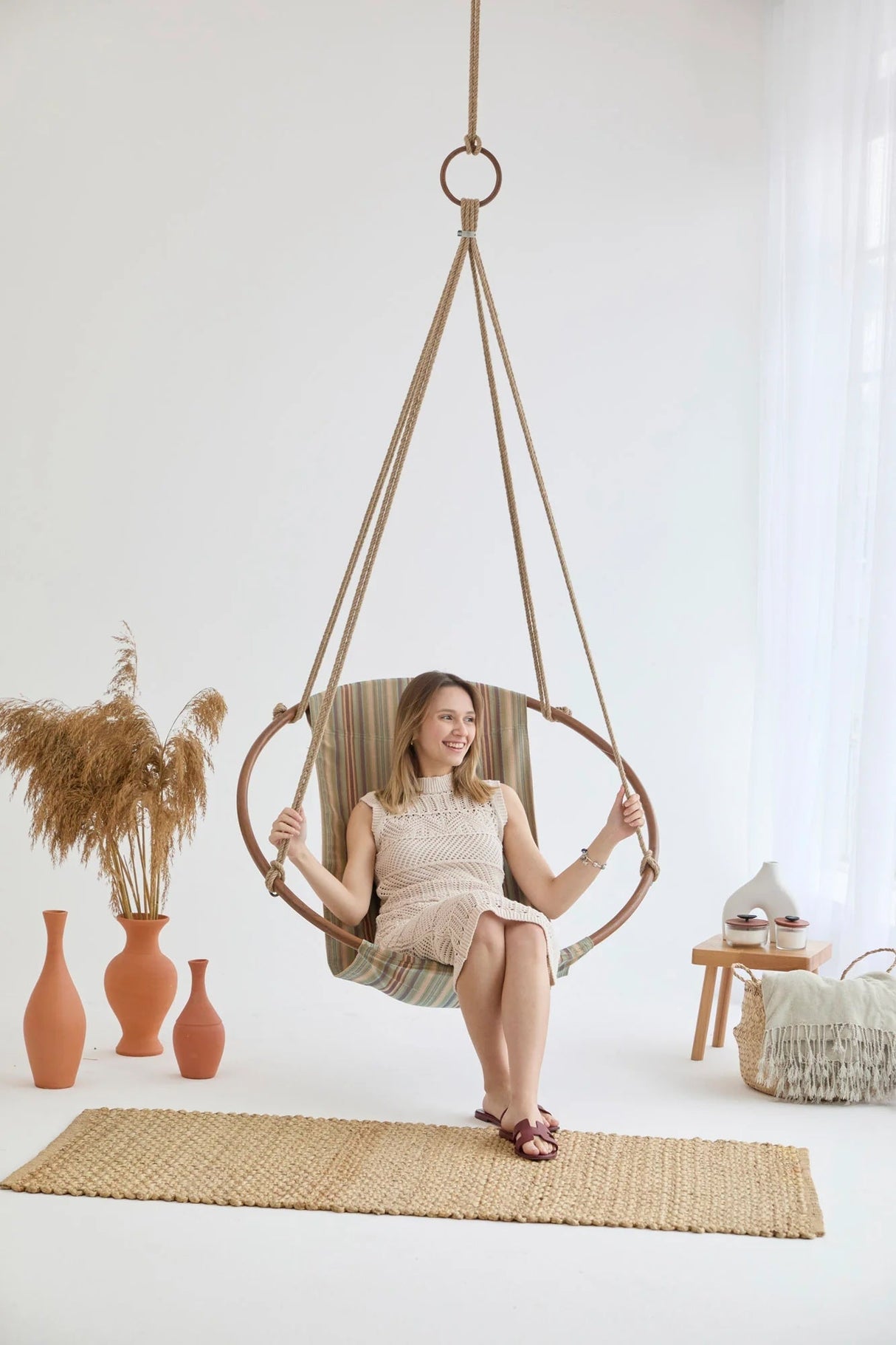 Boves Rast Blue Round Hanging Chair Teak Frame