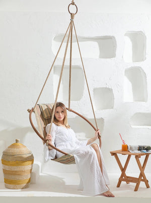 Boves Rast Blue Round Hanging Chair Teak Frame