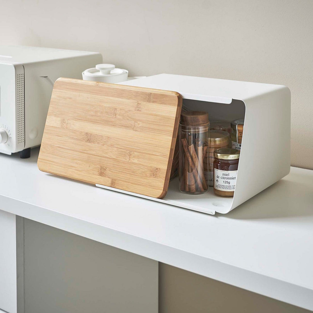 Bread Box with Cutting Board Lid - Steel + Wood